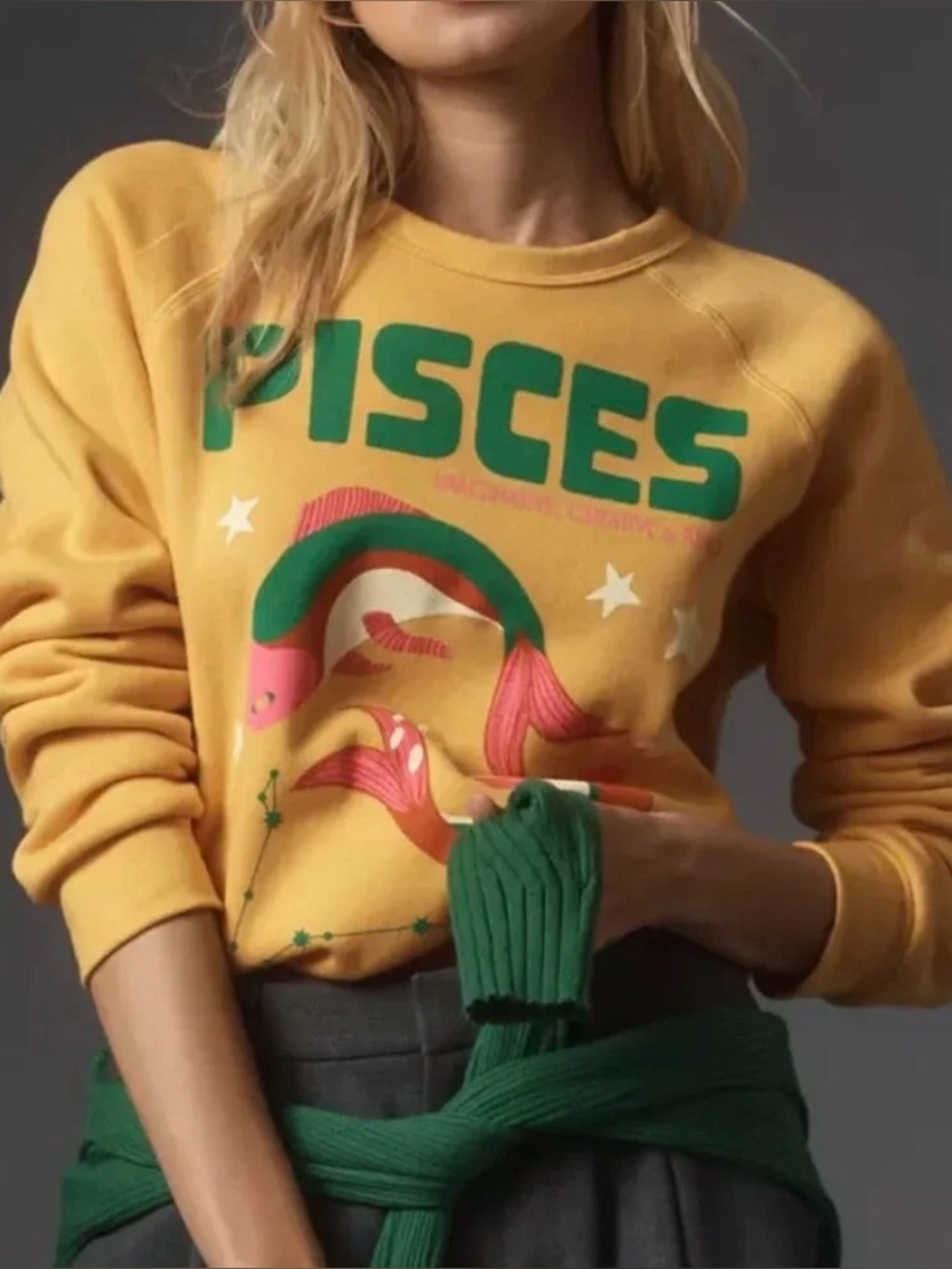 Midnight Rider Yellow Pisces Crewneck Sweatshirt with Pink & Green Graphic